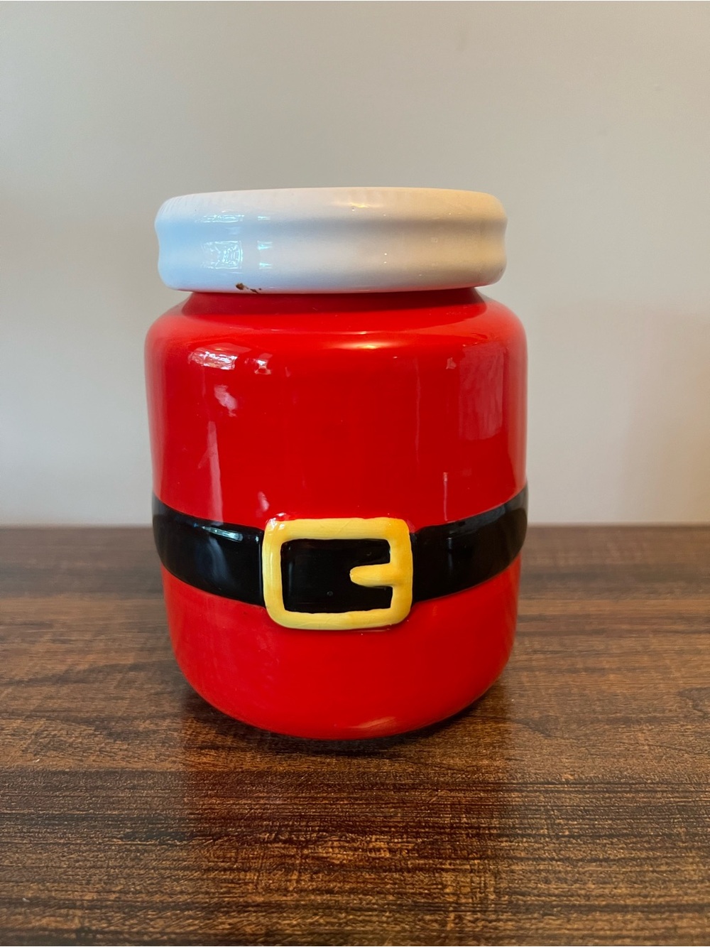 Red Santa Claus Christmas Belt Belly Ceramic Container Jar